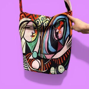 Cute Picasso print tote bag snap closure shopper 16” x 14.5” gift bright rainbow